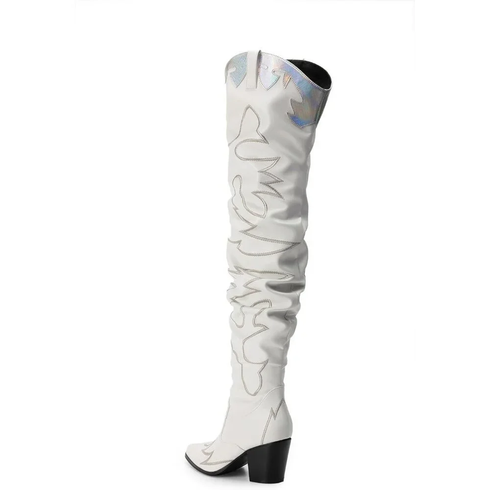 Women White Faux Suede Cowboy Boots Over The Knee Thigh High Western Boots
